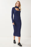 Lacivert Cut Out Detaylı Dik Yaka Fitilli Triko Elbise FN03388