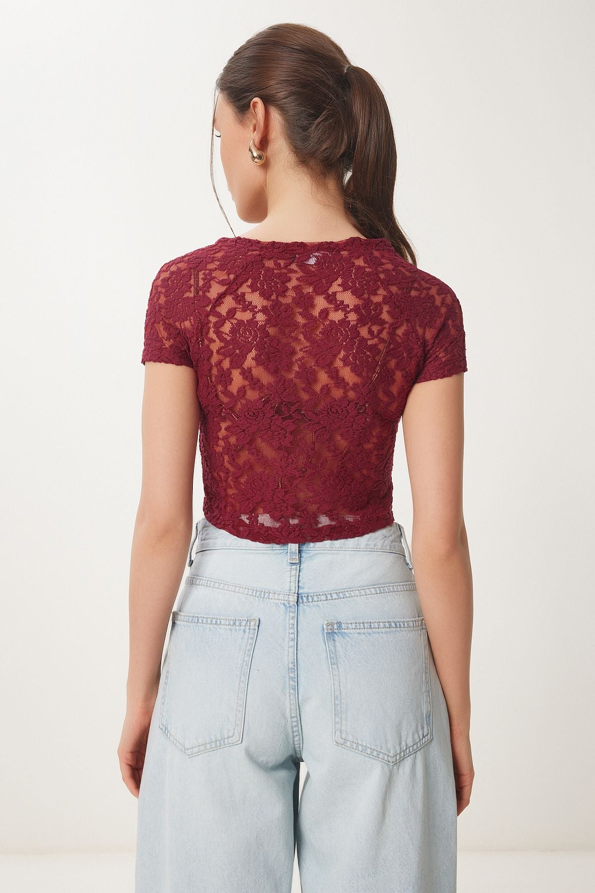 Bordo Dantelli Esnek Crop Bluz KH00094