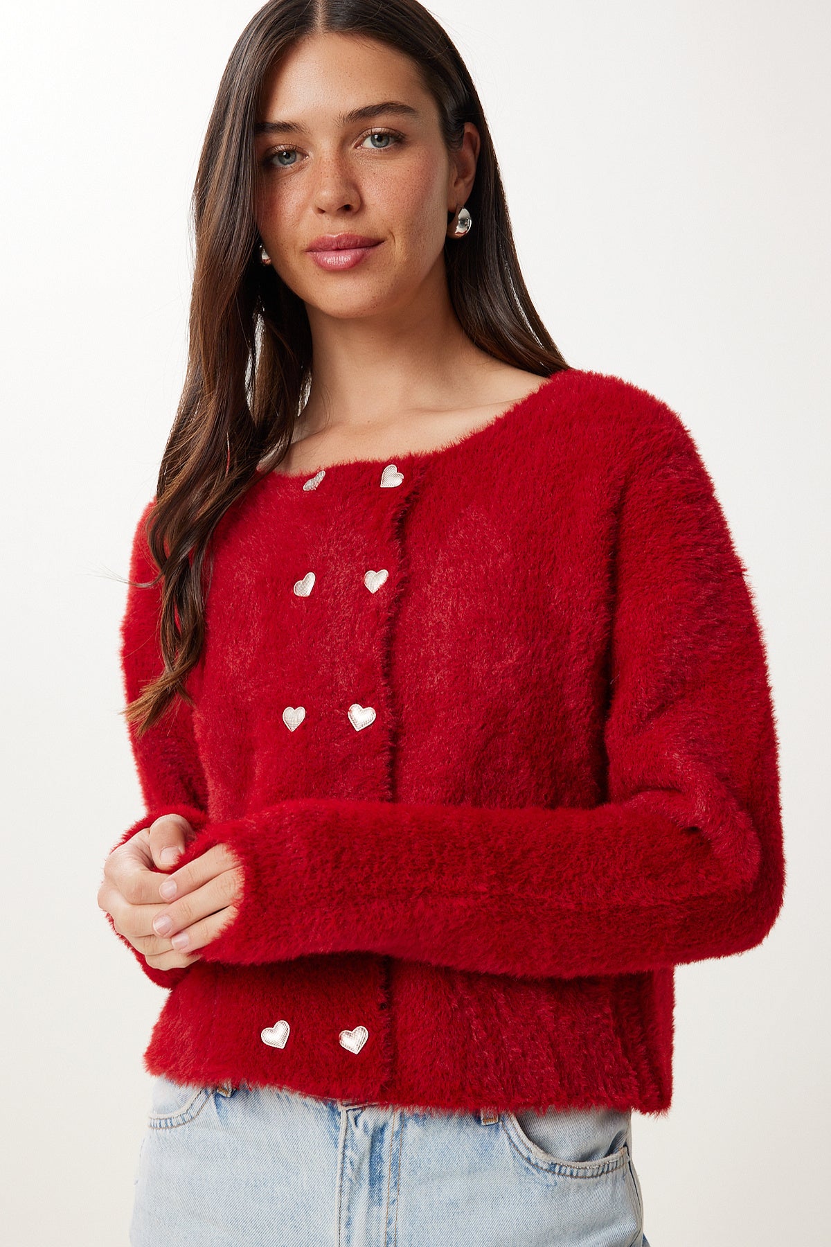 Bordo Kalp Düğmeli Sakallı Yumuşak Triko Hırka CR00524