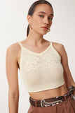 Krem Askılı Ajurlu Yazlık Crop Triko Bluz NS00429