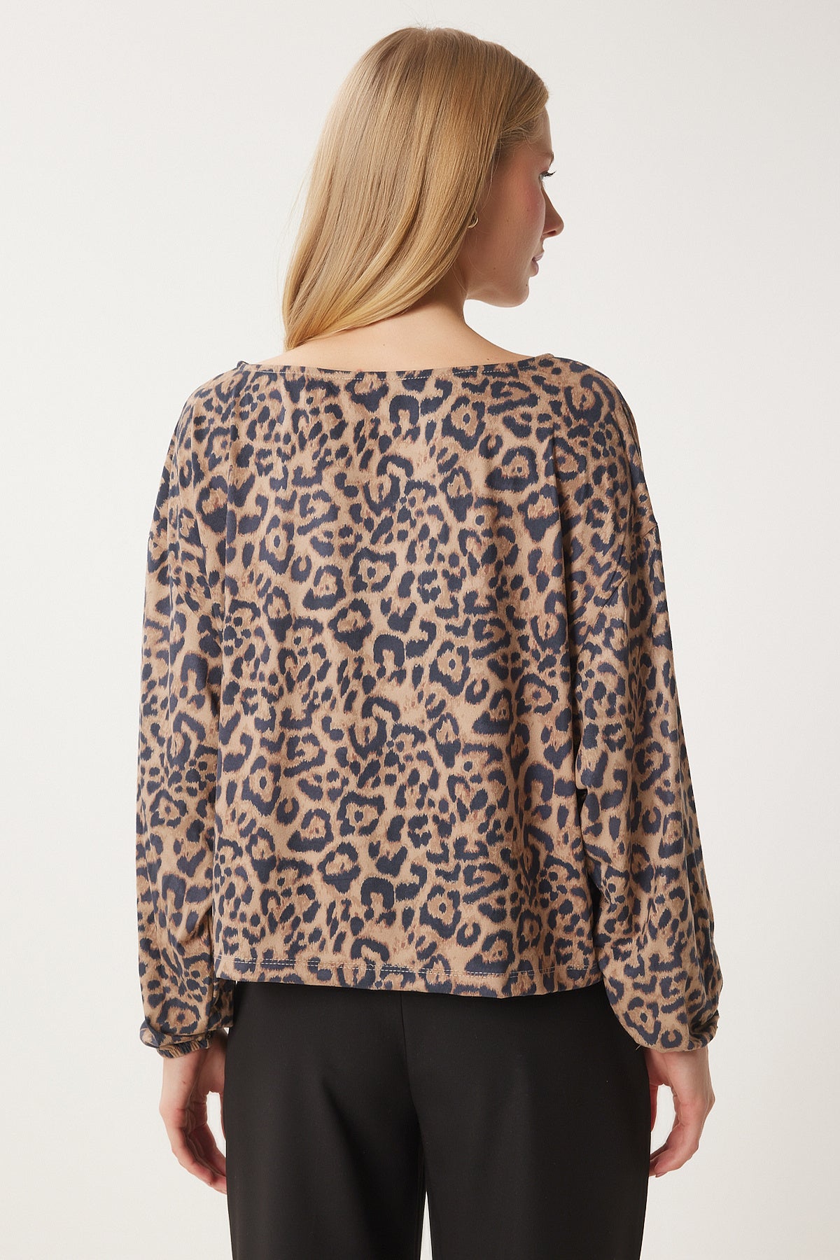 Siyah Bej Leopar Desenli Bluz FN03402