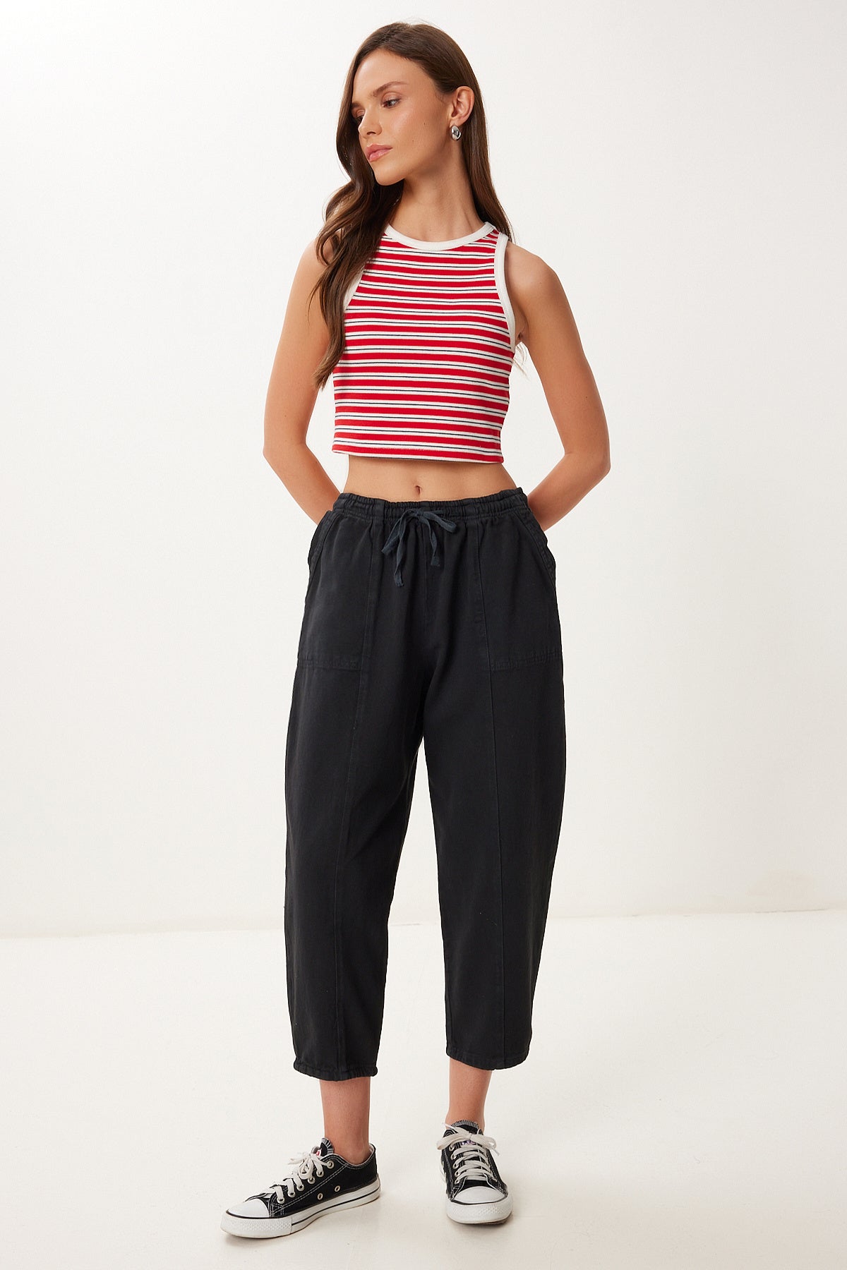 Siyah Capri Rahat Gabardin Pantolon GP00019