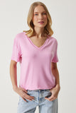 Pembe V Yaka Basic Viskon Örme T-Shirt EN00613
