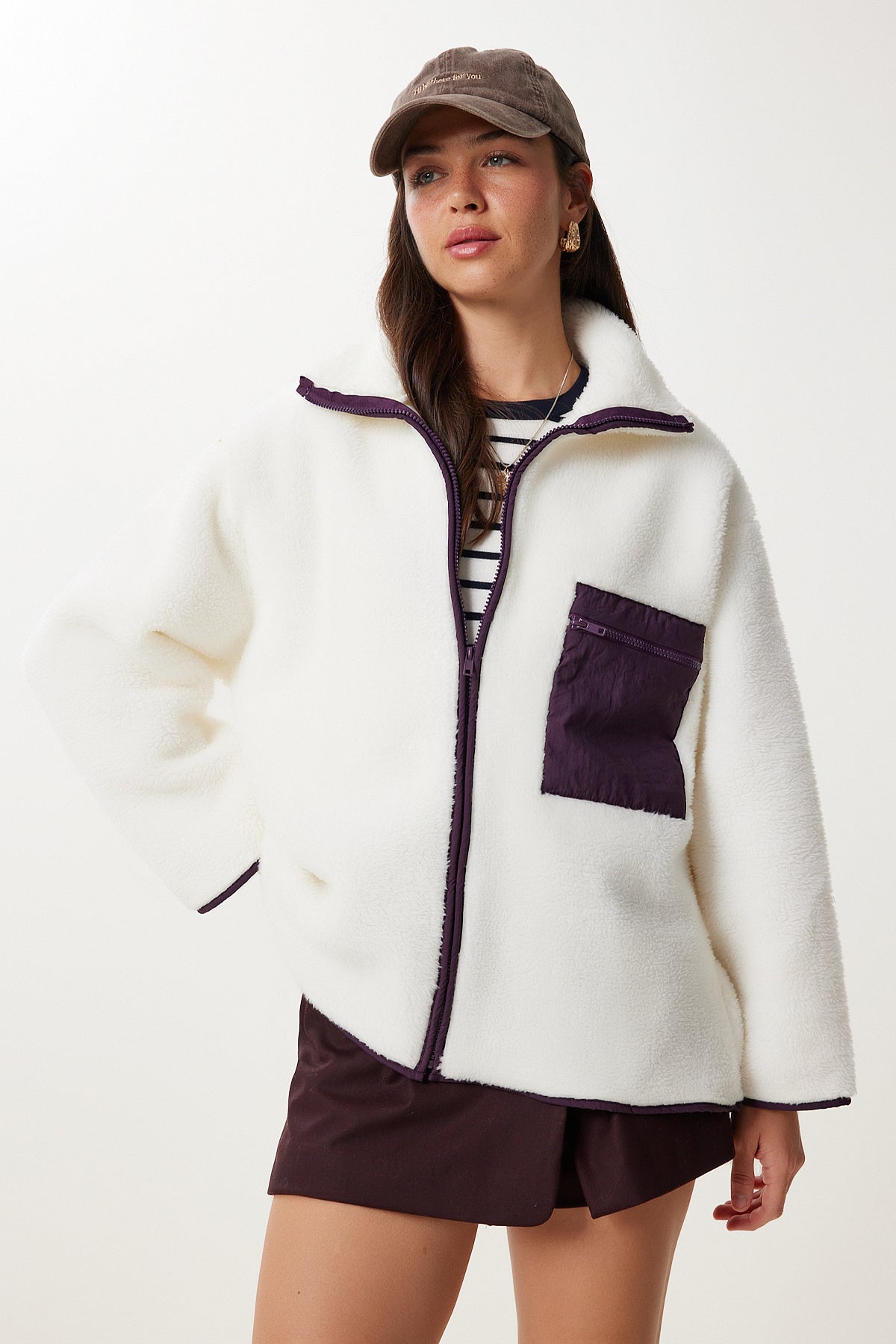 Kemik Fermuarlı Oversize Peluş Sweatshirt DD01379