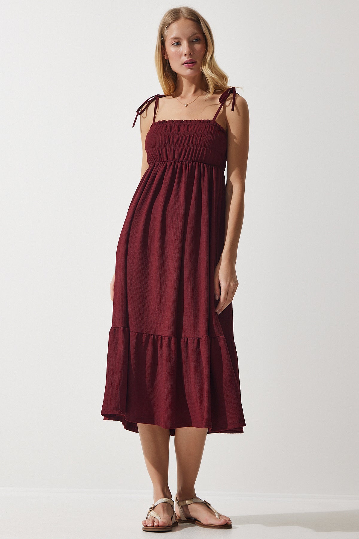 Bordo Askılı Krinkıl Yazlık Örme Elbise UB00250