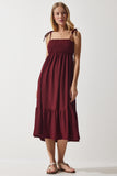 Bordo Askılı Krinkıl Yazlık Örme Elbise UB00250