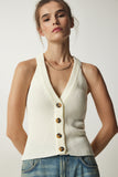 Ekru Halter Yaka Düğmeli Triko Yelek  FN03118
