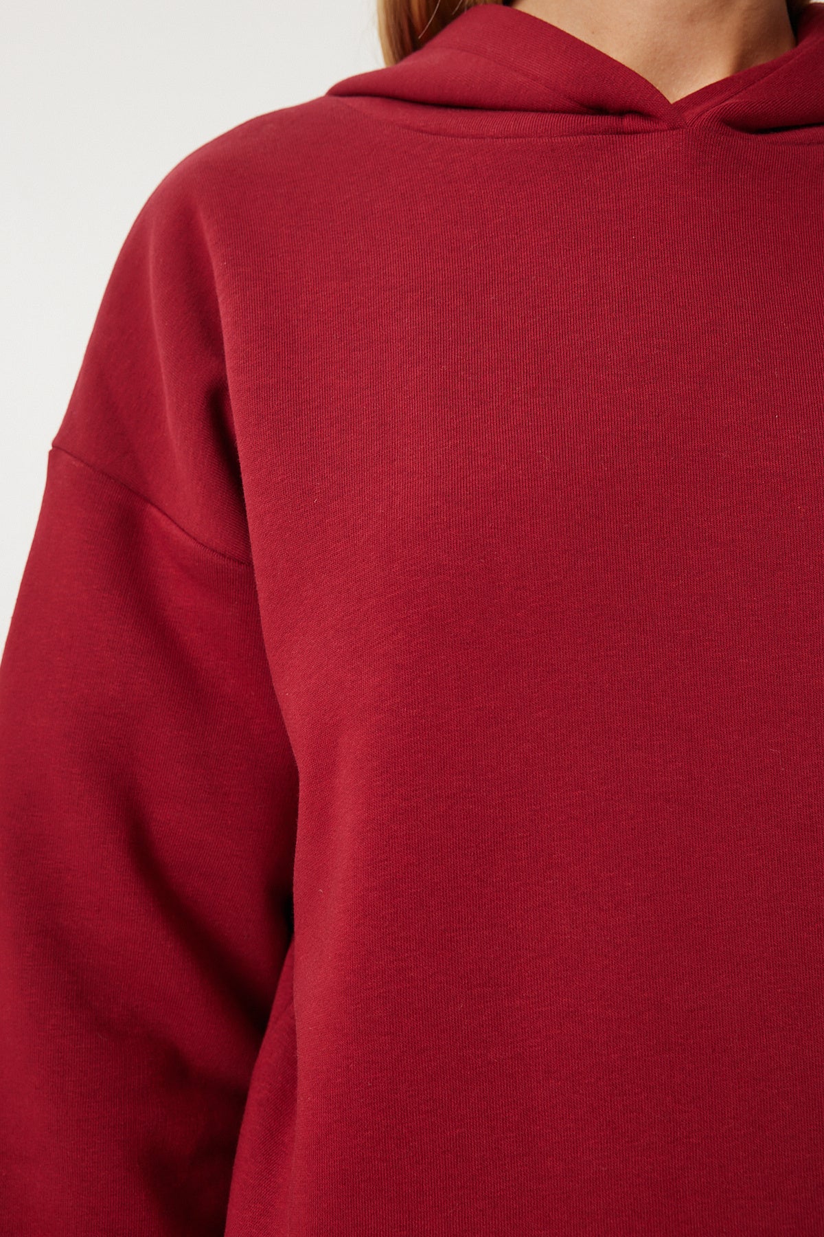 Bordo Kapüşonlu Şardonlu Sweatshirt OW00050