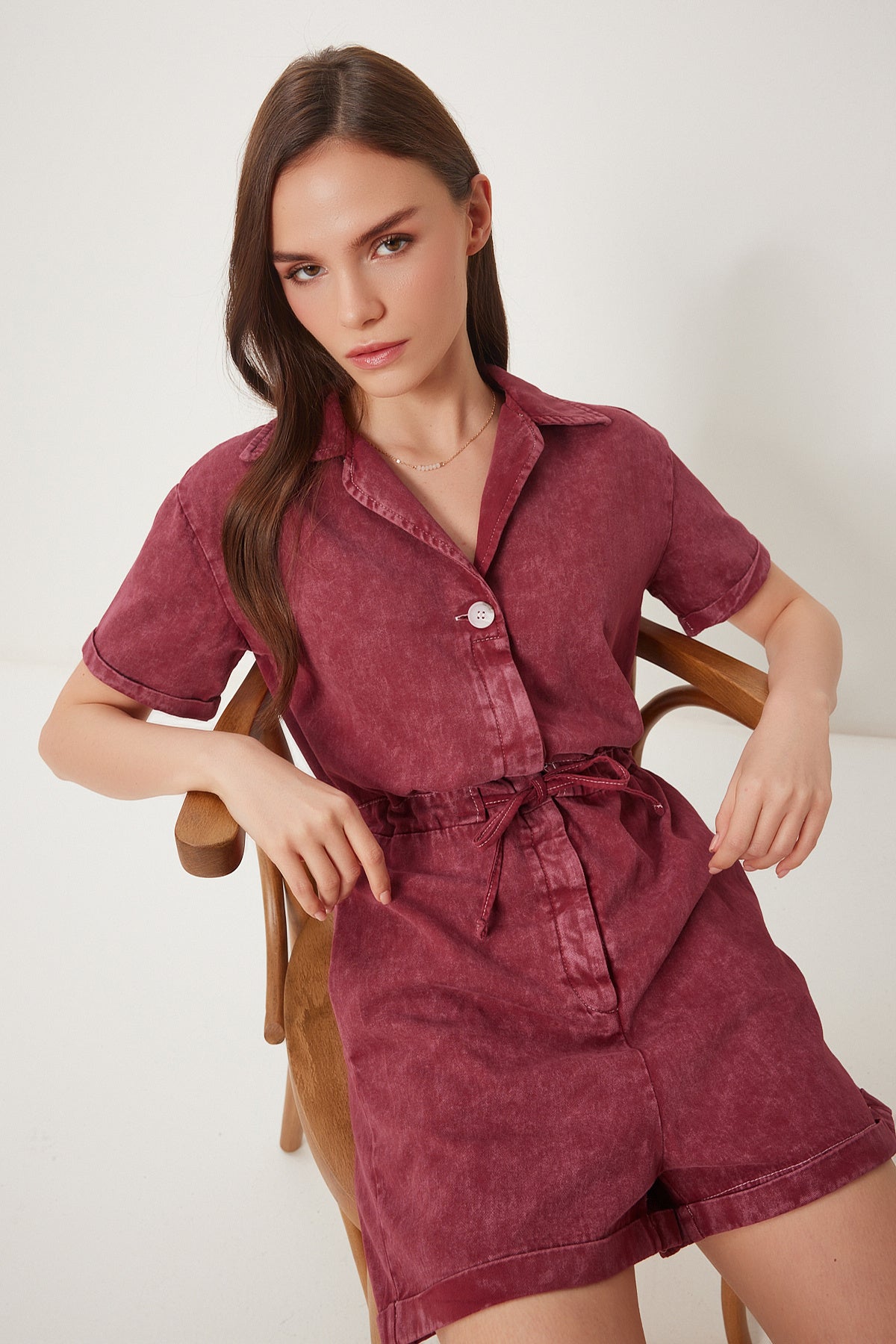 Bordo Polo Yaka Yıkamalı Yazlık Gabardin Tulum RG00053