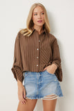 Kahverengi İnce Çizgili Crop Keten Gömlek DM00140