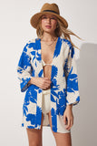 Bej Mavi Desenli Keten Viskon Kimono BH00381