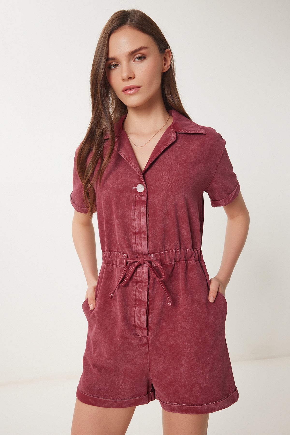 Bordo Polo Yaka Yıkamalı Yazlık Gabardin Tulum RG00053