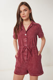 Bordo Polo Yaka Yıkamalı Yazlık Gabardin Tulum RG00053