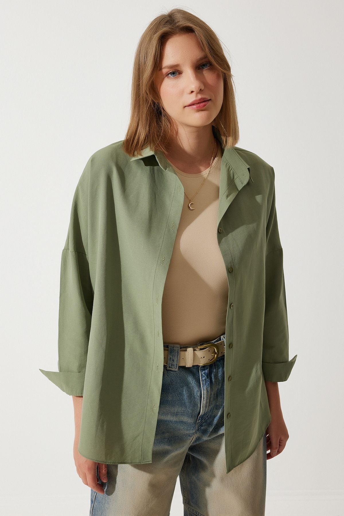 Haki Oversize Uzun Basic Gömlek DD00842