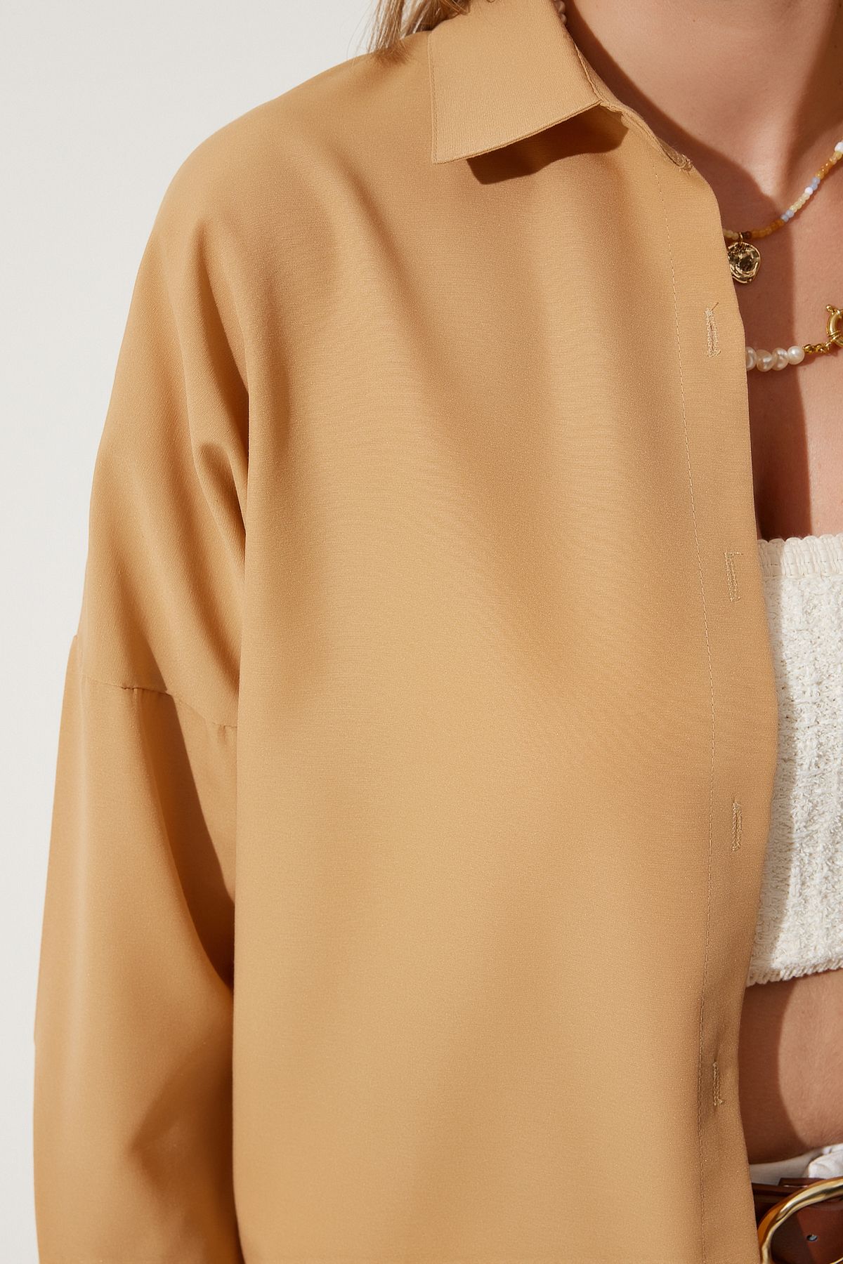 Camel Oversize Uzun Basic Gömlek  DD00842