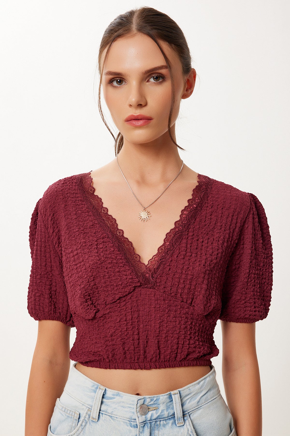 Bordo Balon Kollu Crop Örme Bluz ZV00278