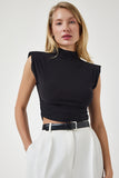 Siyah Dik Yaka Büzgülü Crop Örme Bluz CI00101