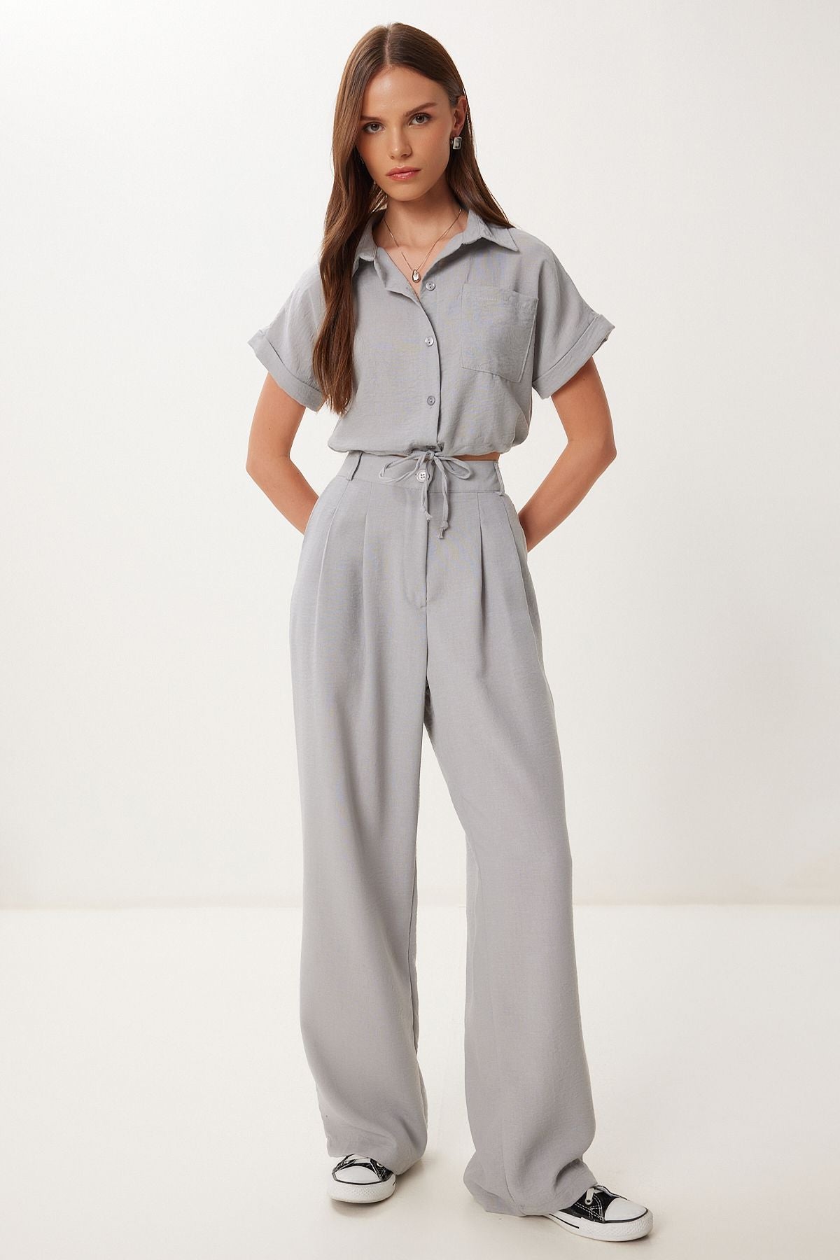 Gri Keten Crop Gömlek Pantolon Takım BV00149