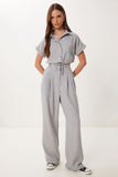 Gri Keten Crop Gömlek Pantolon Takım BV00149
