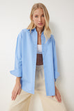 Mavi Pamuklu Oversize Uzun Gömlek BP00169
