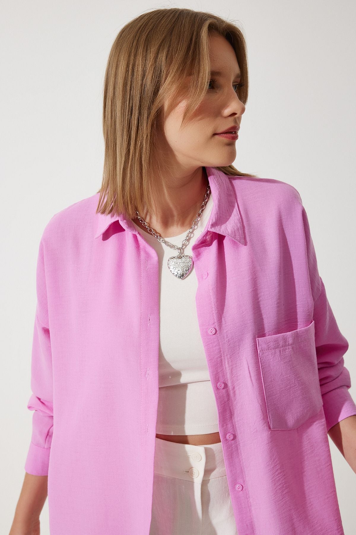 Açık Pembe Oversize Keten Ayrobin Gömlek DD01222
