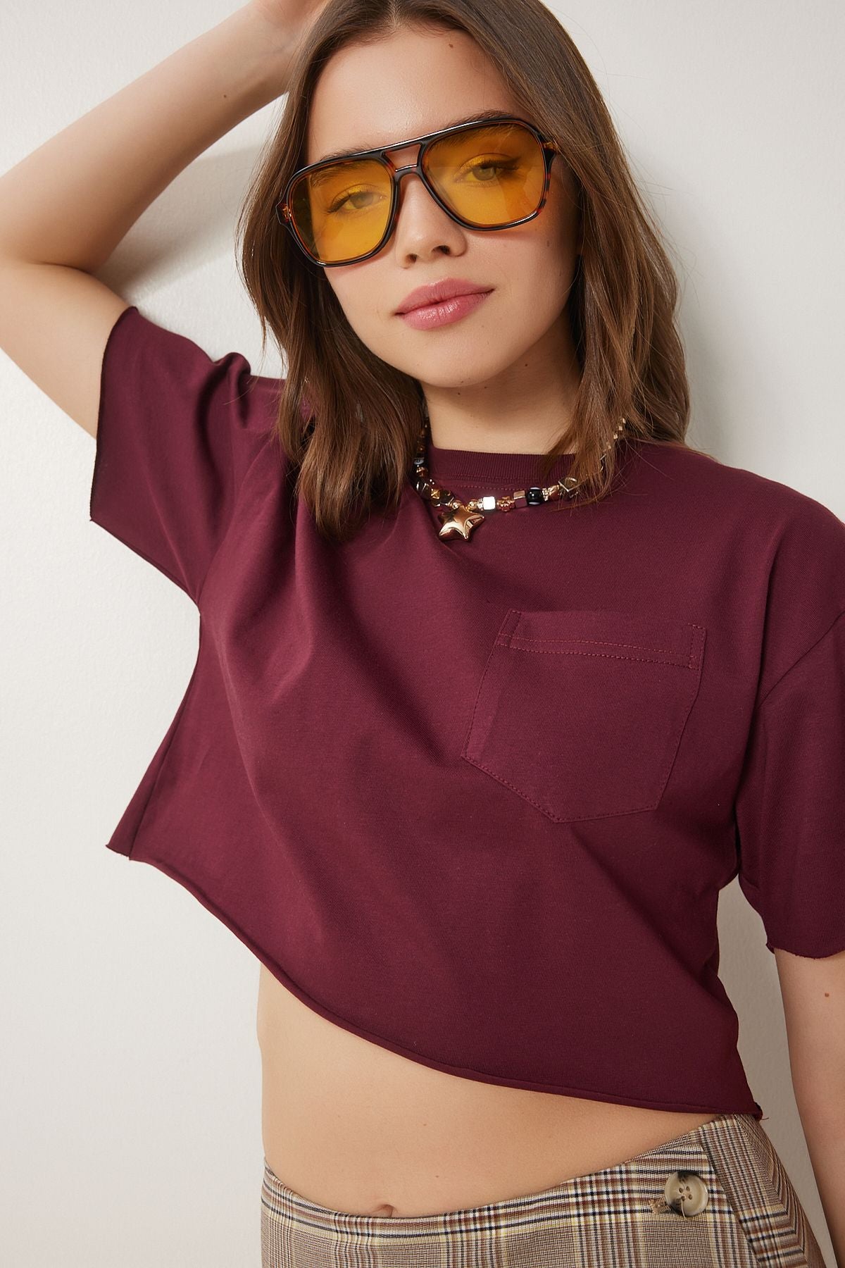 Bordo Pamuklu Crop Örme T-Shirt CR00443
