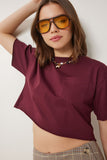 Bordo Pamuklu Crop Örme T-Shirt CR00443
