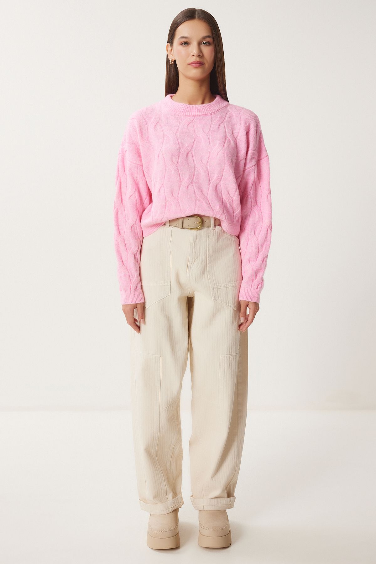 Pembe Dokulu Crop Triko Kazak MX00170