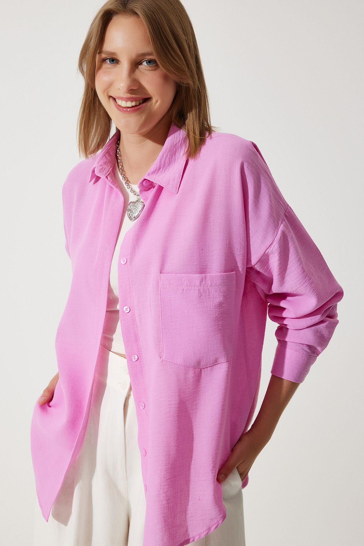 Açık Pembe Oversize Keten Ayrobin Gömlek DD01222