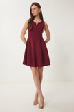 Bordo Volanlı Mini Örme Elbise ZV00296
