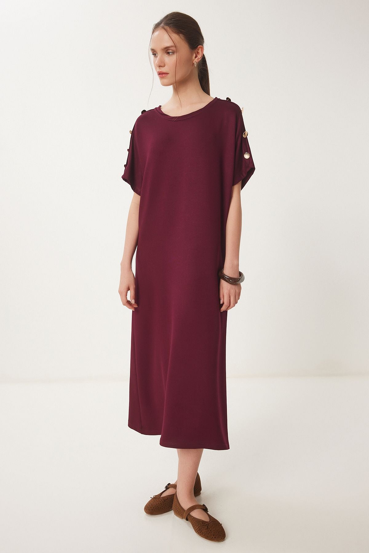 Bordo Düğme Detaylı Yazlık Örme Elbise ZV00291