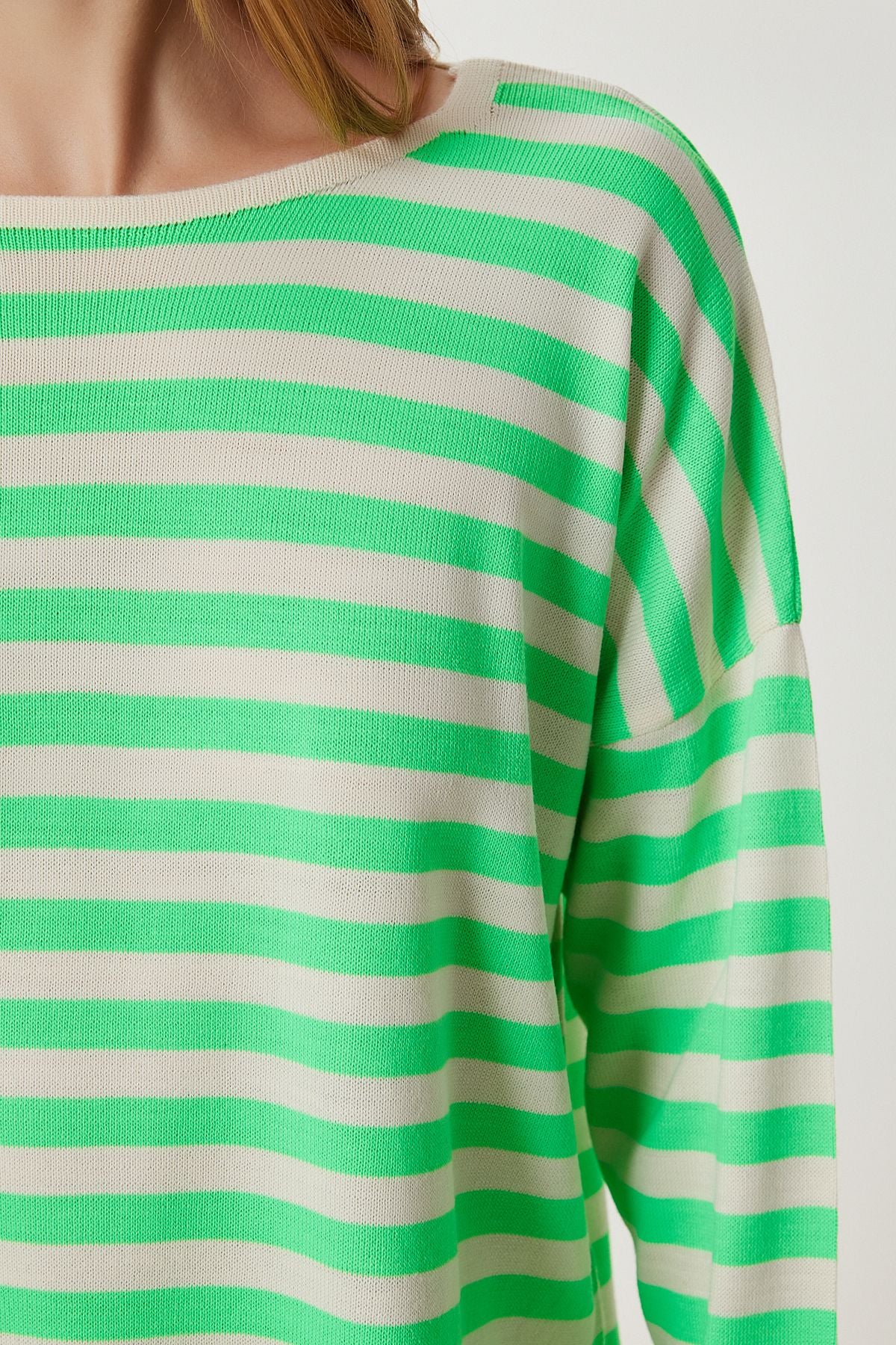 Yeşil Krem Çizgili Oversize Triko Kazak Kİ00162