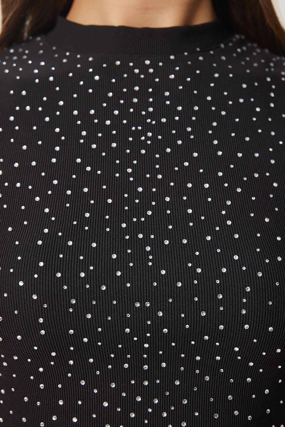 Siyah Taşlı Fitilli Crop Bluz KH00099