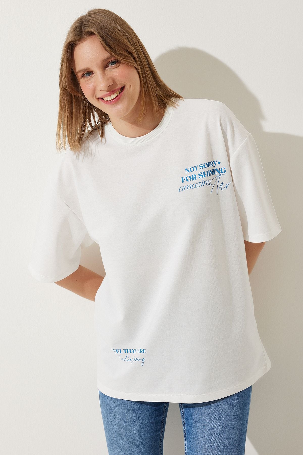 Beyaz Baskılı Oversize İki İplik Örme T-Shirt AN00190