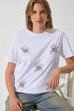 Beyaz Pullu Nakışlı Oversize Pamuklu Örme T-Shirt MP00027