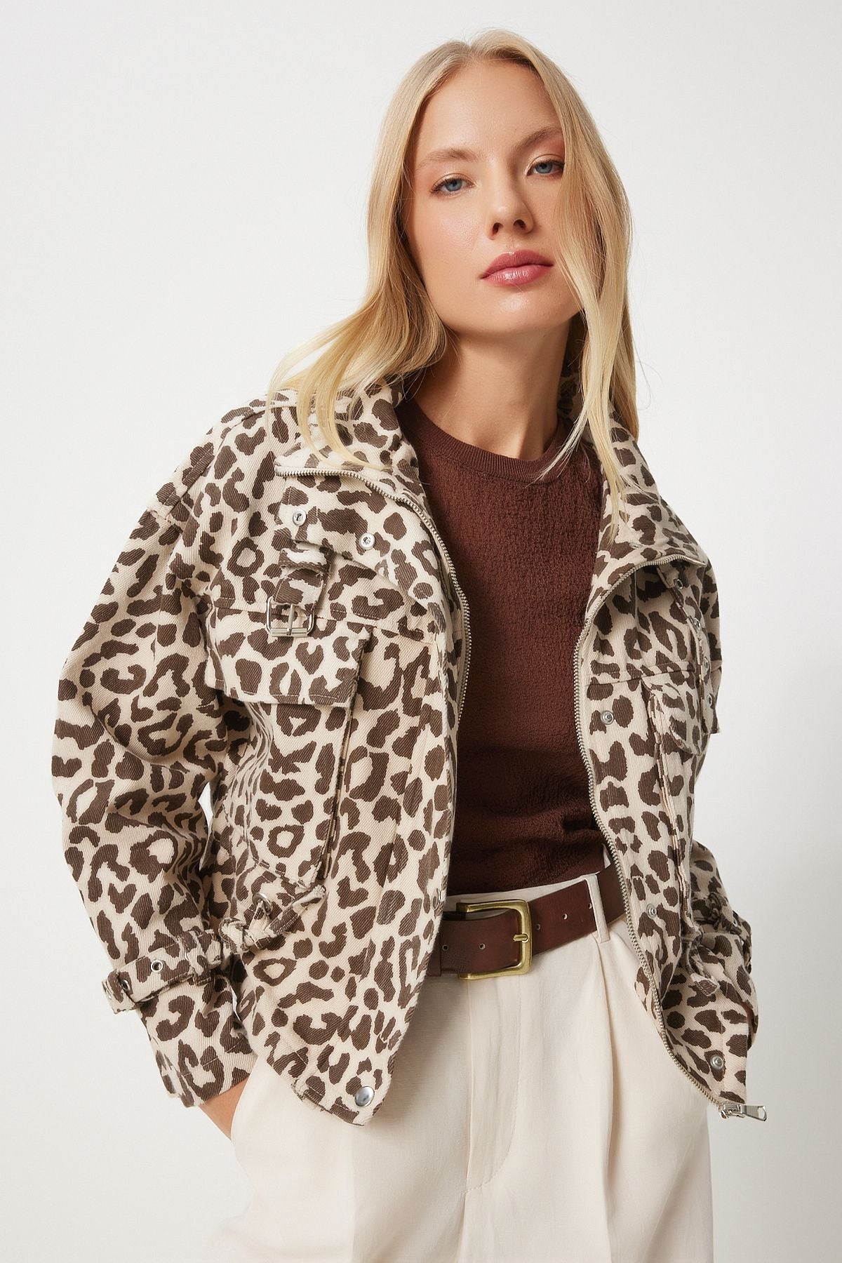 Bej Kahverengi Leopar Desenli Gabardin Ceket SA00031