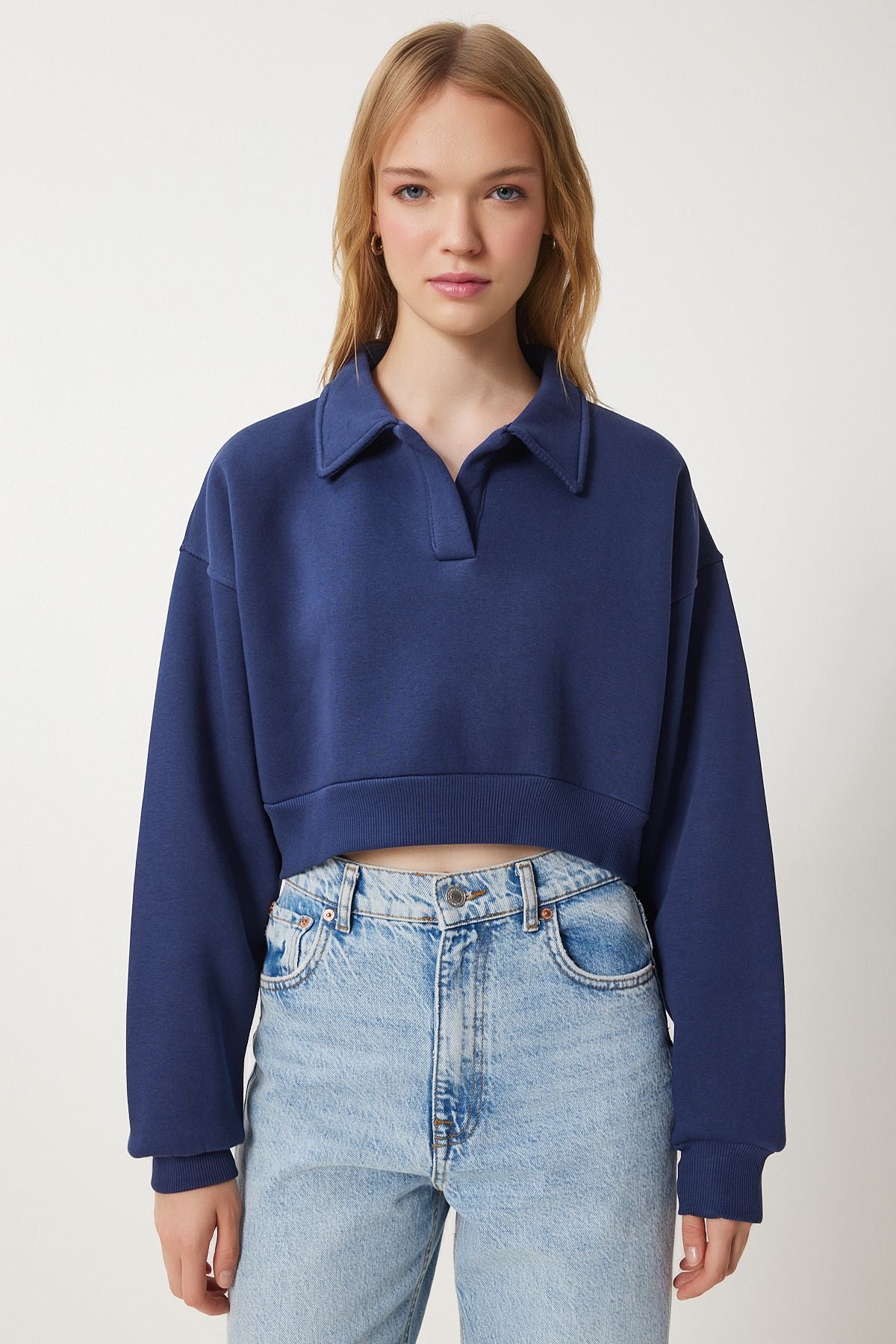 Lacivert Polo Yaka Şardonlu Crop Örme Sweatshirt HW00014