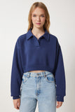 Lacivert Polo Yaka Şardonlu Crop Örme Sweatshirt HW00014