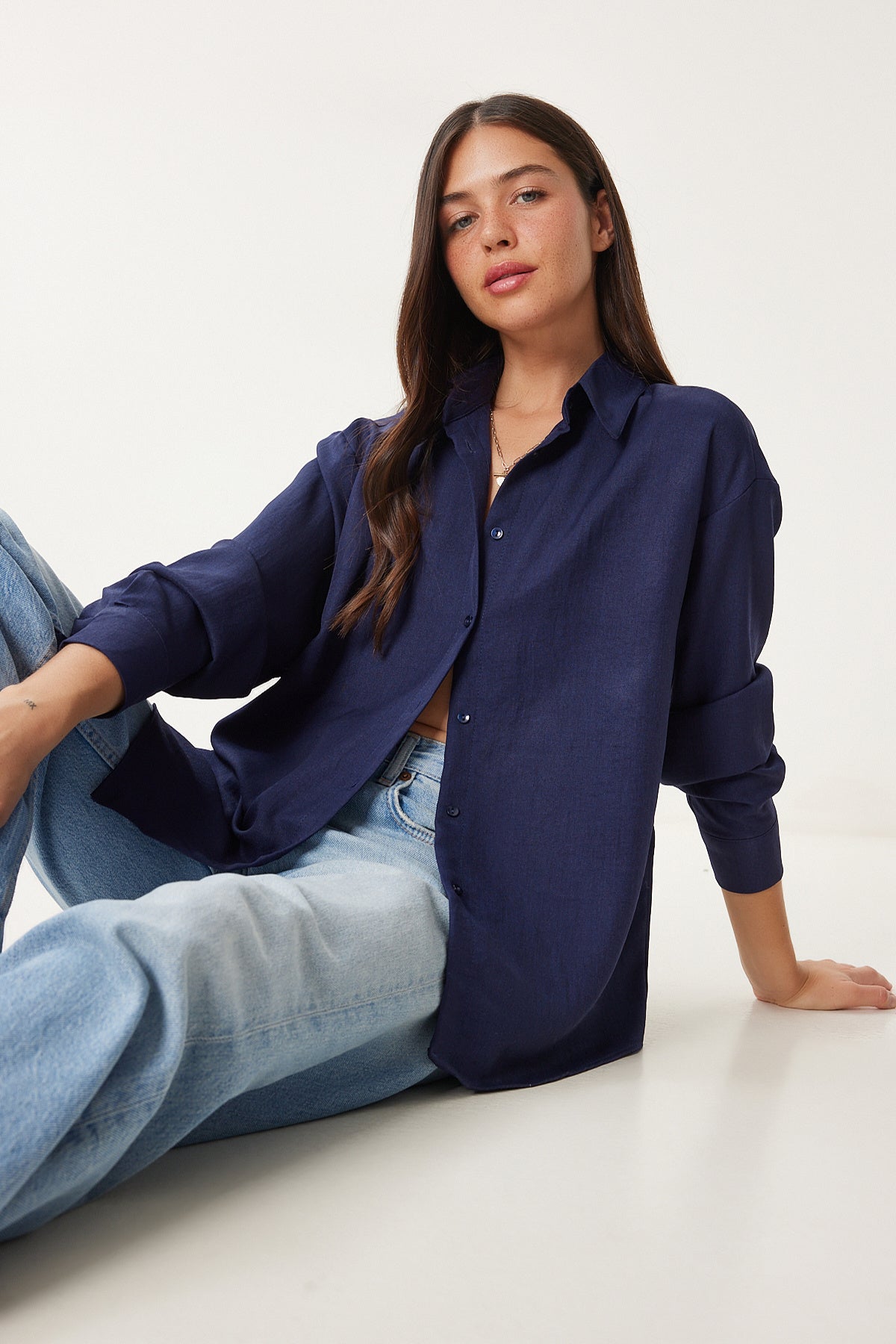 Lacivert Oversize Keten Gömlek PB00052