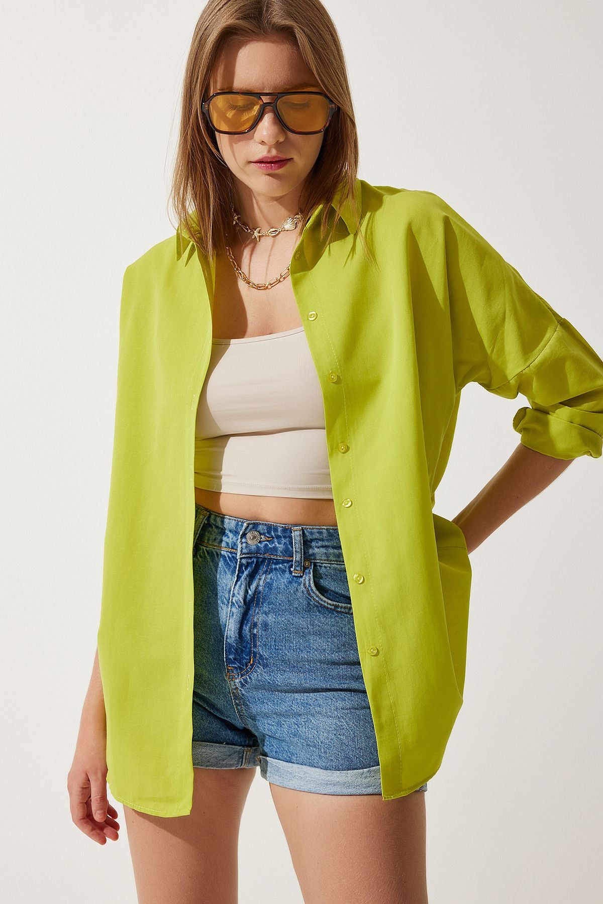 Yağ Yeşili Oversize Uzun Basic Gömlek  DD00842