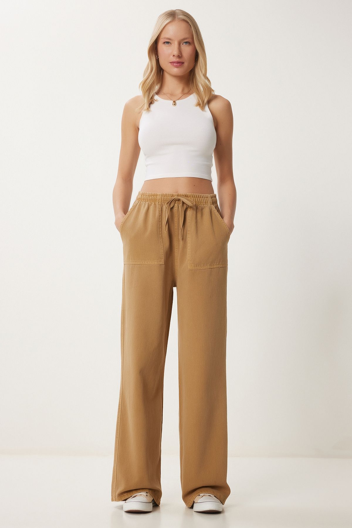 Camel Soluk Efektli Geniş Paça Denim Palazzo Pantolon MX00179