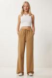 Camel Soluk Efektli Geniş Paça Denim Palazzo Pantolon MX00179