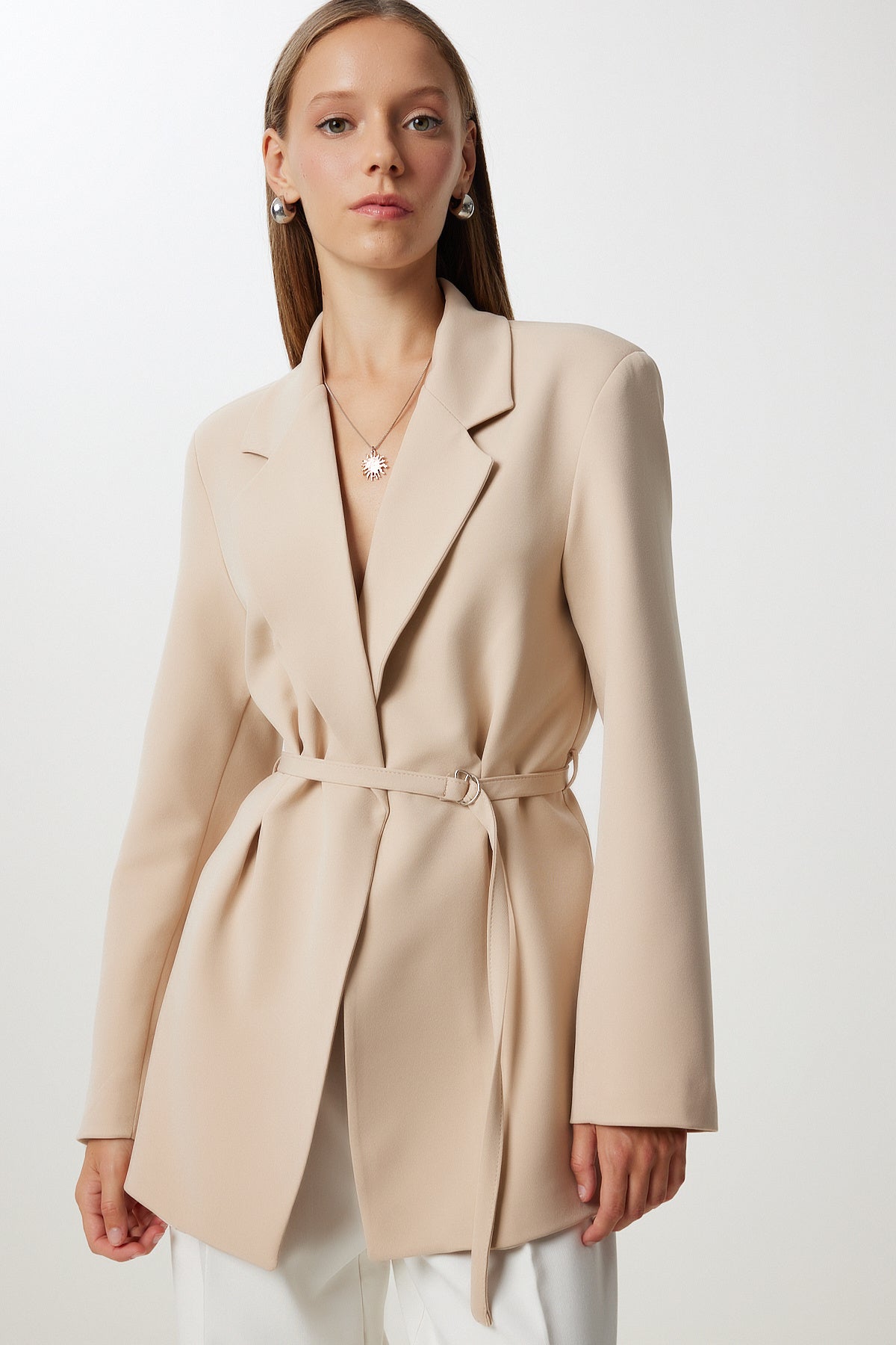 Koyu Krem Vatkalı Kemerli Blazer Dokuma Ceket KT00023