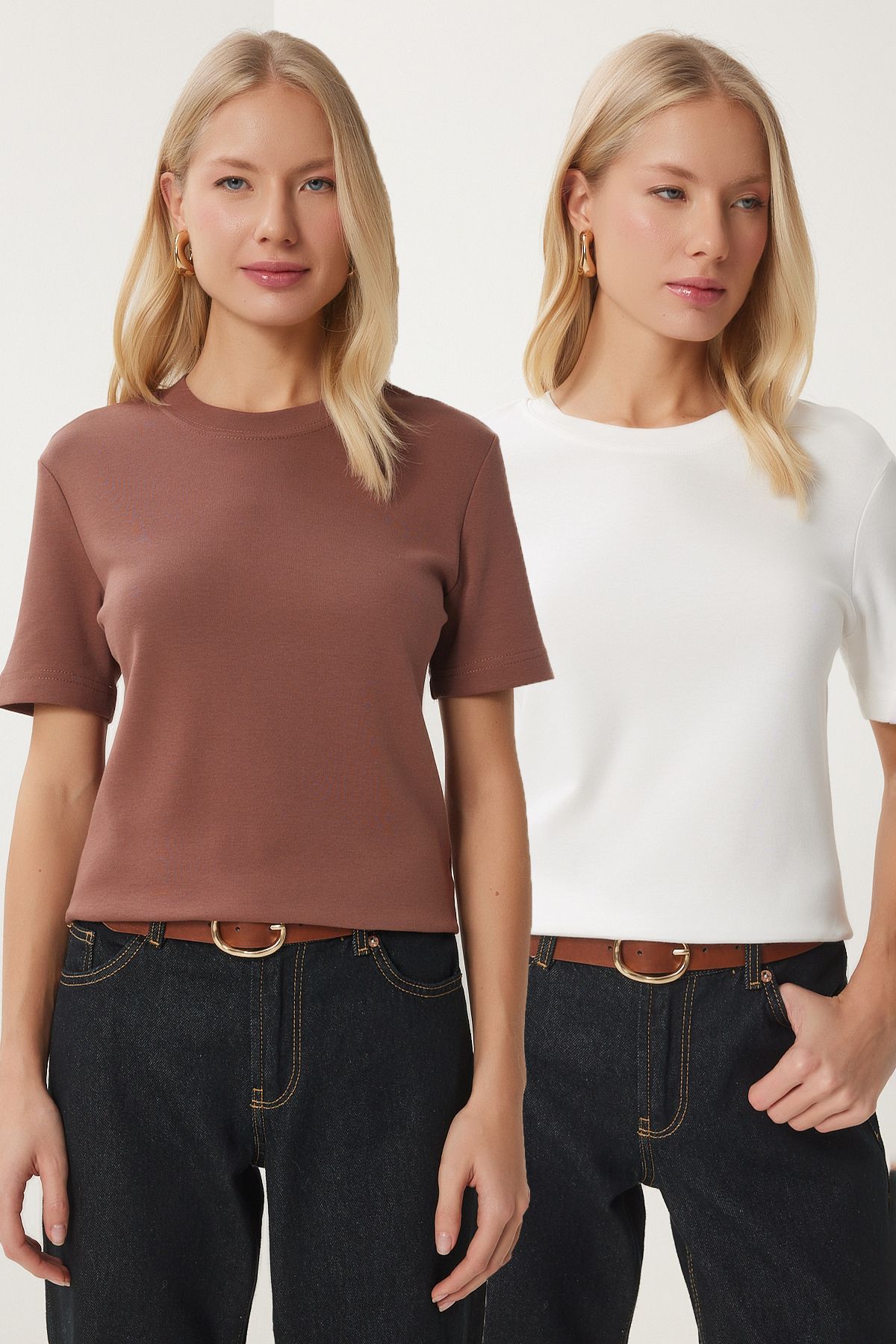 Kahverengi Beyaz 2'Li Paket Pamuklu Basic Örme T-Shirt AG00002