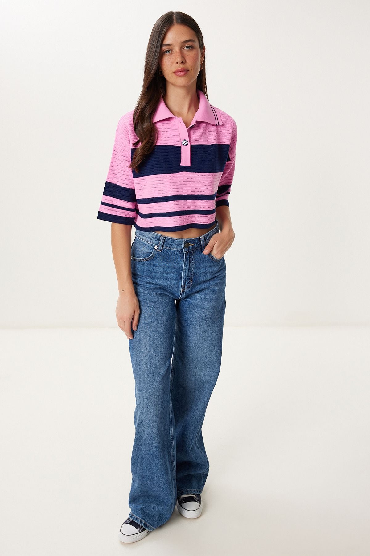 Pembe Lacivert Çizgili Crop Triko Kazak MX00242