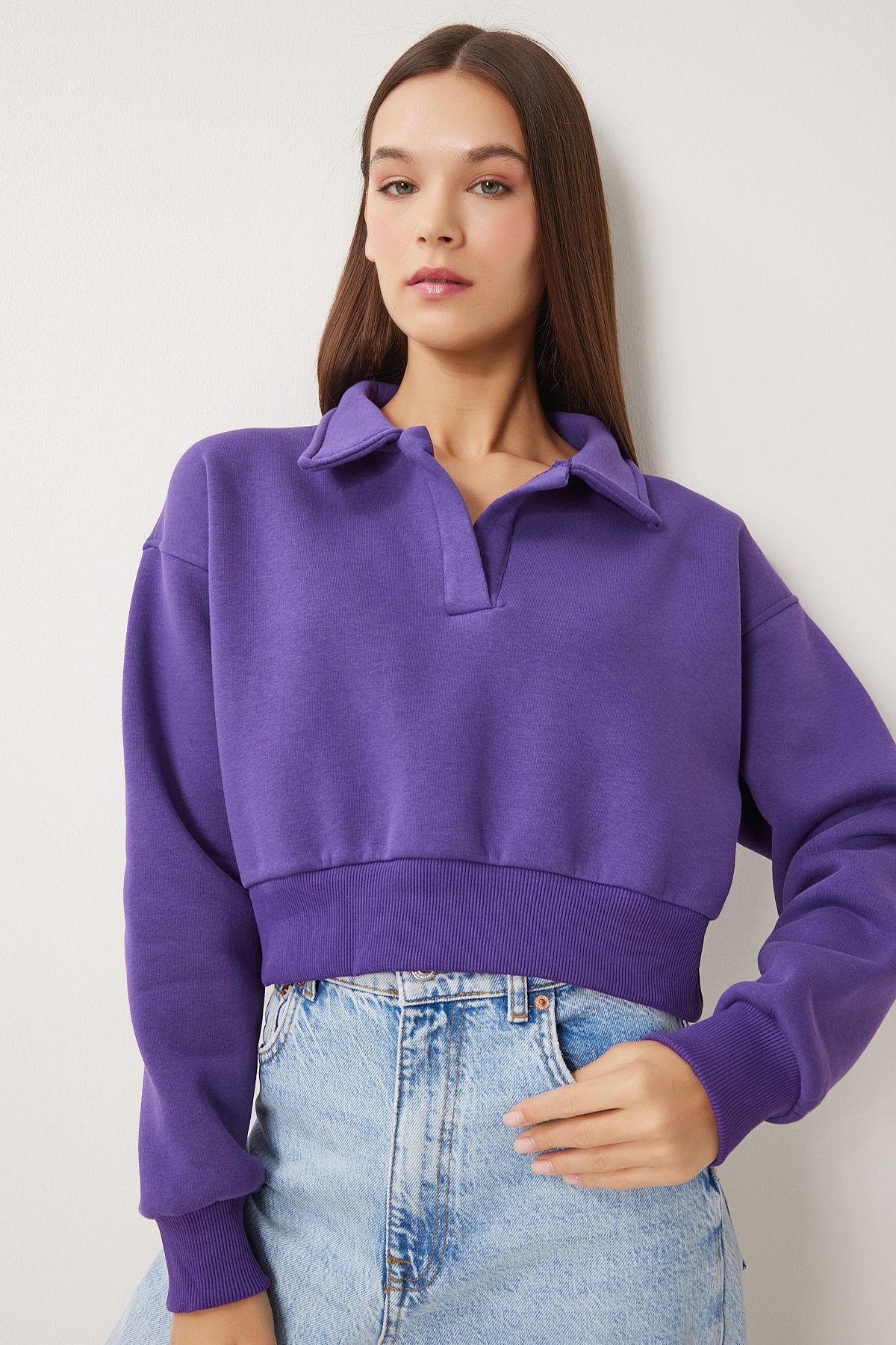 Mor Polo Yaka Şardonlu Crop Örme Sweatshirt HW00014