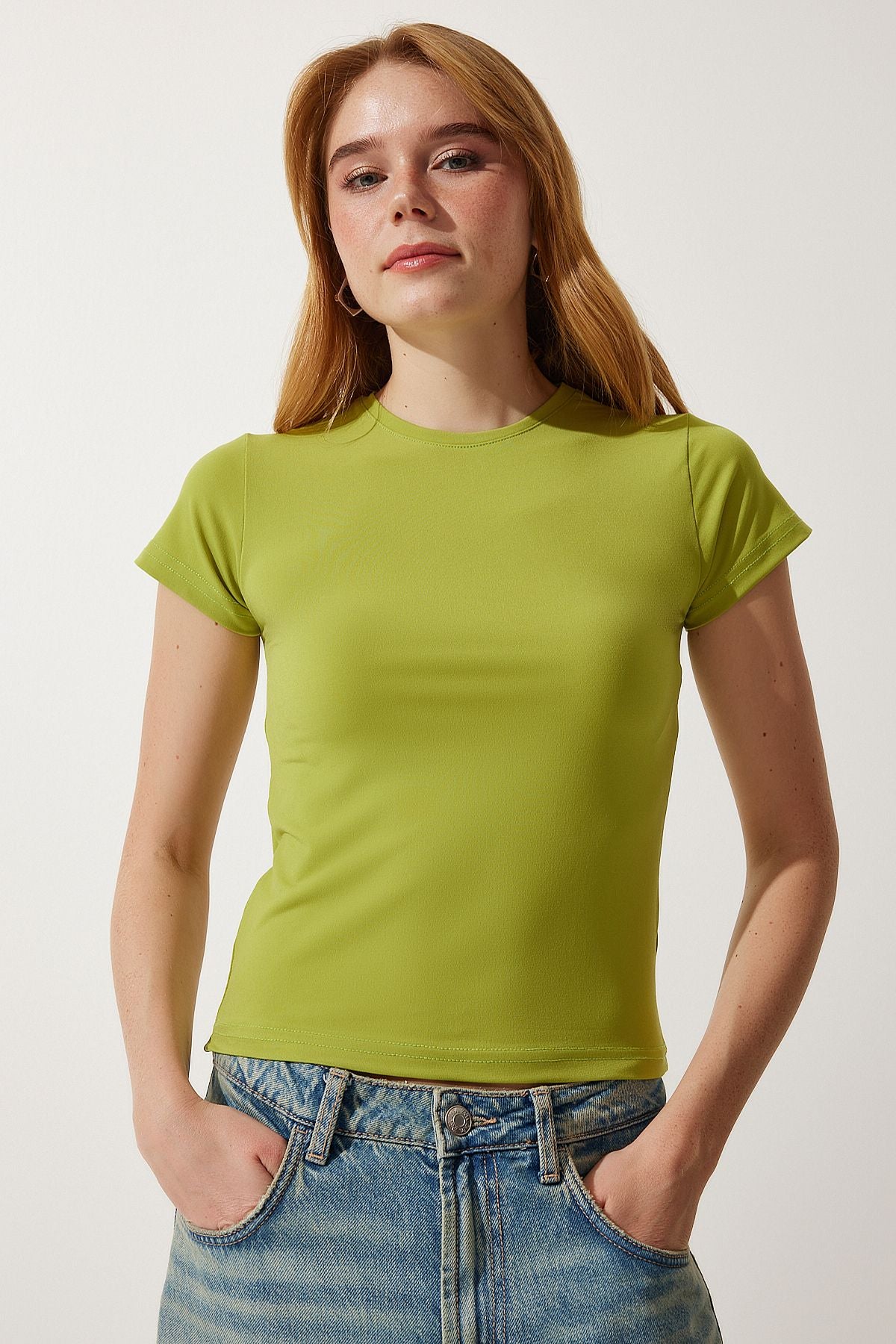 Yağ Yeşili Bisiklet Yaka Basic Sandy T-Shirt EN00611