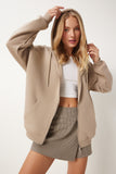 Bej Kapüşonlu Fermuarlı Oversize Sweatshirt UB00124