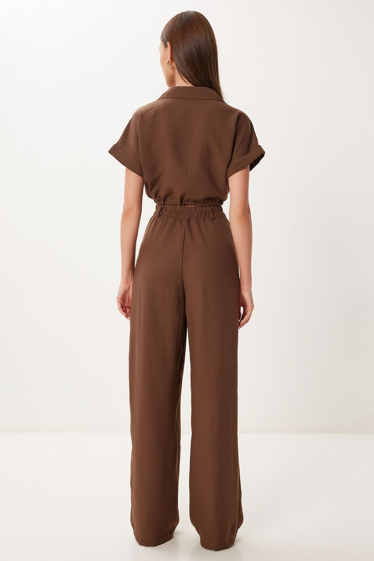 Kahverengi Keten Crop Gömlek Pantolon Takım BV00149