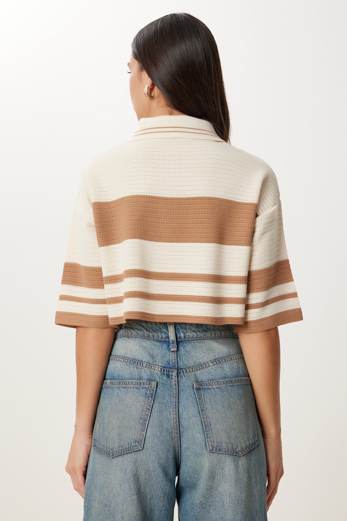 Krem Bej Çizgili Crop Triko Kazak MX00242